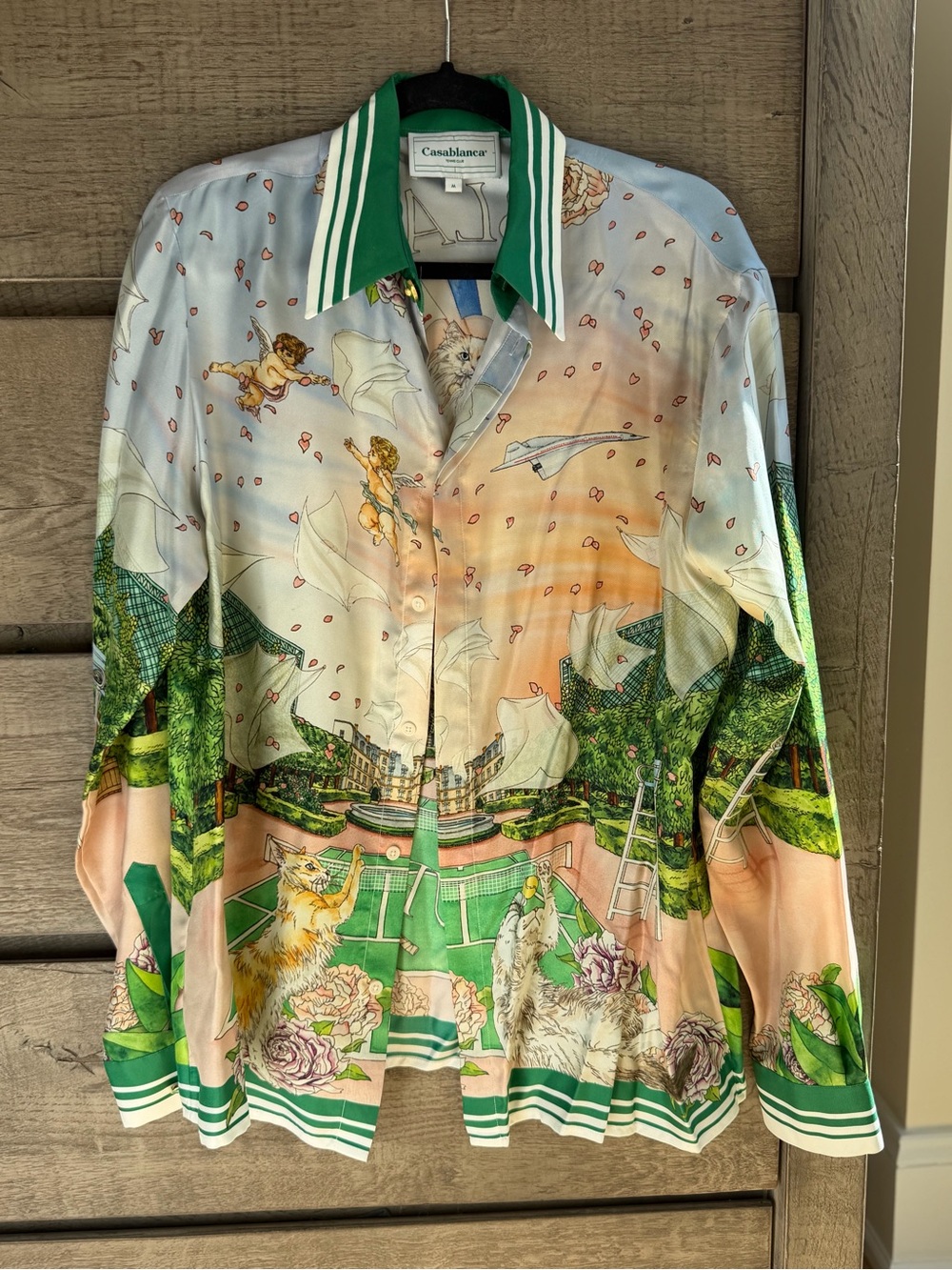 Casablanca Green Printed Silk-Blend Button-Up Jacket- French Tennis Scene- sz M - Picture 1 of 2